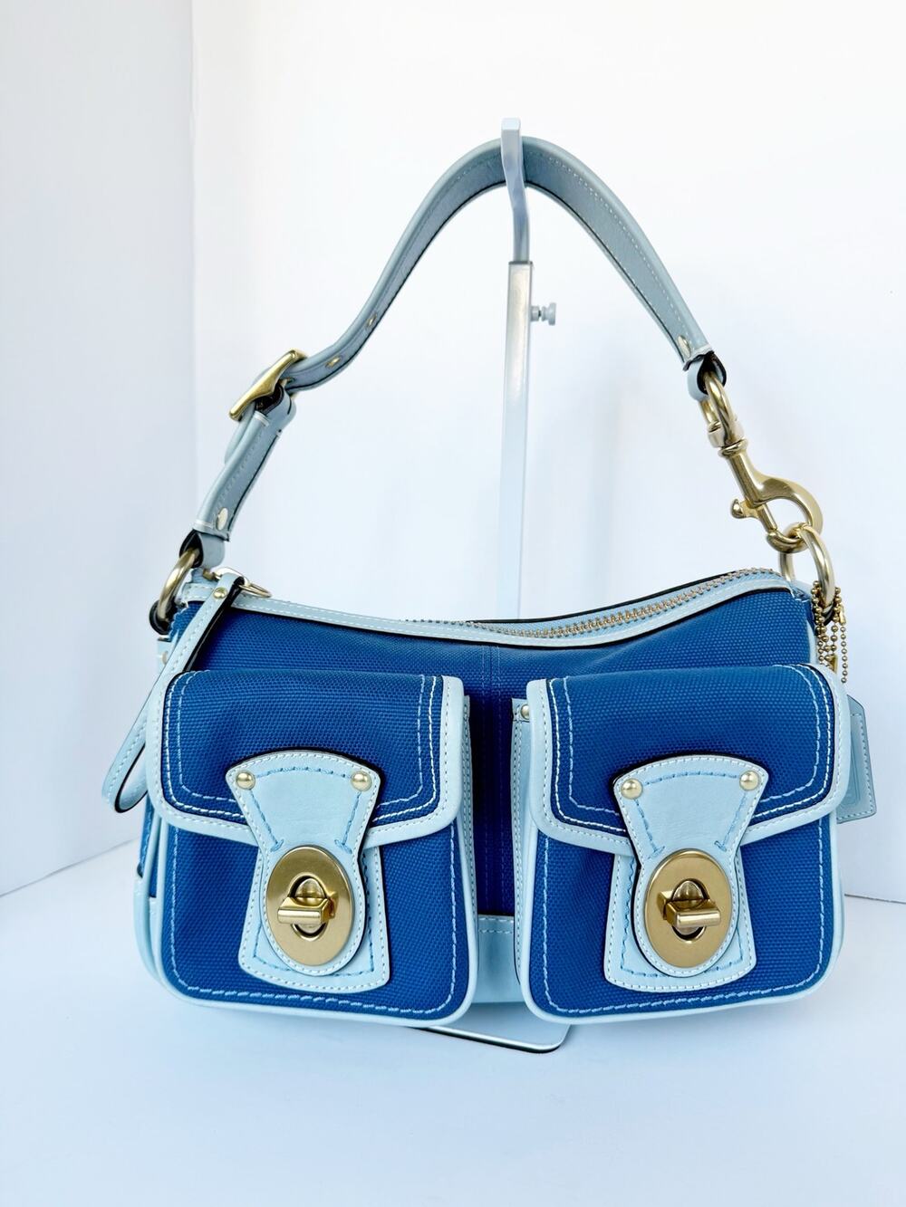 Coach Legacy 65th Anniversary Blue Canvas Leather Shoulder Bag Duel Pocket 10829